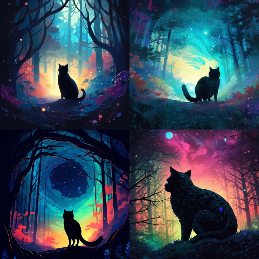 魔法黑猫，虚空，漩涡，动物变形，吉卜力工 - Midjourney Prompt