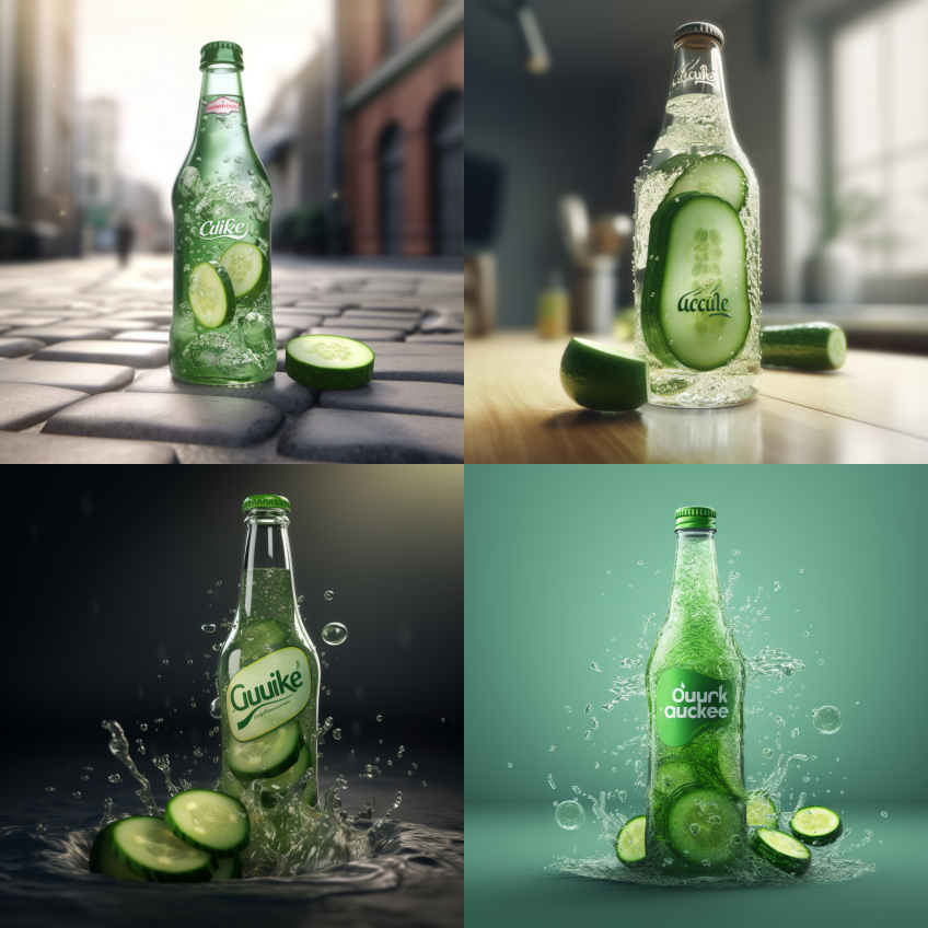 为黄瓜制成的软饮料设计瓶子，照片逼真。名 - Midjourney Prompt
